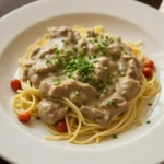 Beef Stroganoff 2 A creamy and savory beef stroganoff served with tender beef strips, mushrooms, and pasta in a rich sauce.