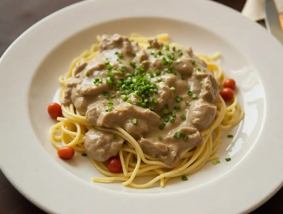 A creamy and savory beef stroganoff served with tender beef strips, mushrooms, and pasta in a rich sauce.