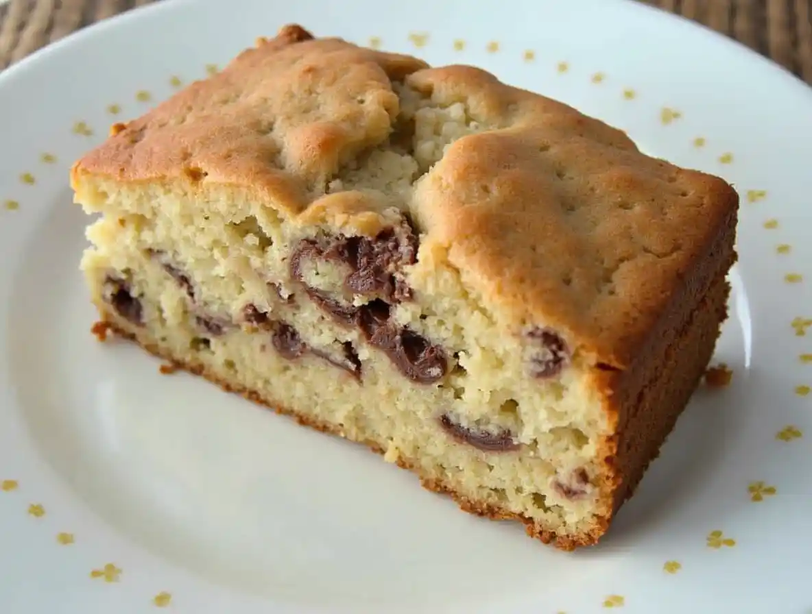 Breakfast 5 Moist banana chocolate chip cake topped with melted chocolate chips, perfect for dessert or a sweet snack.