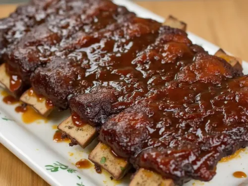A plate of tender beef back ribs glazed with a tangy marinade, served with fresh herbs and a side of vegetables.