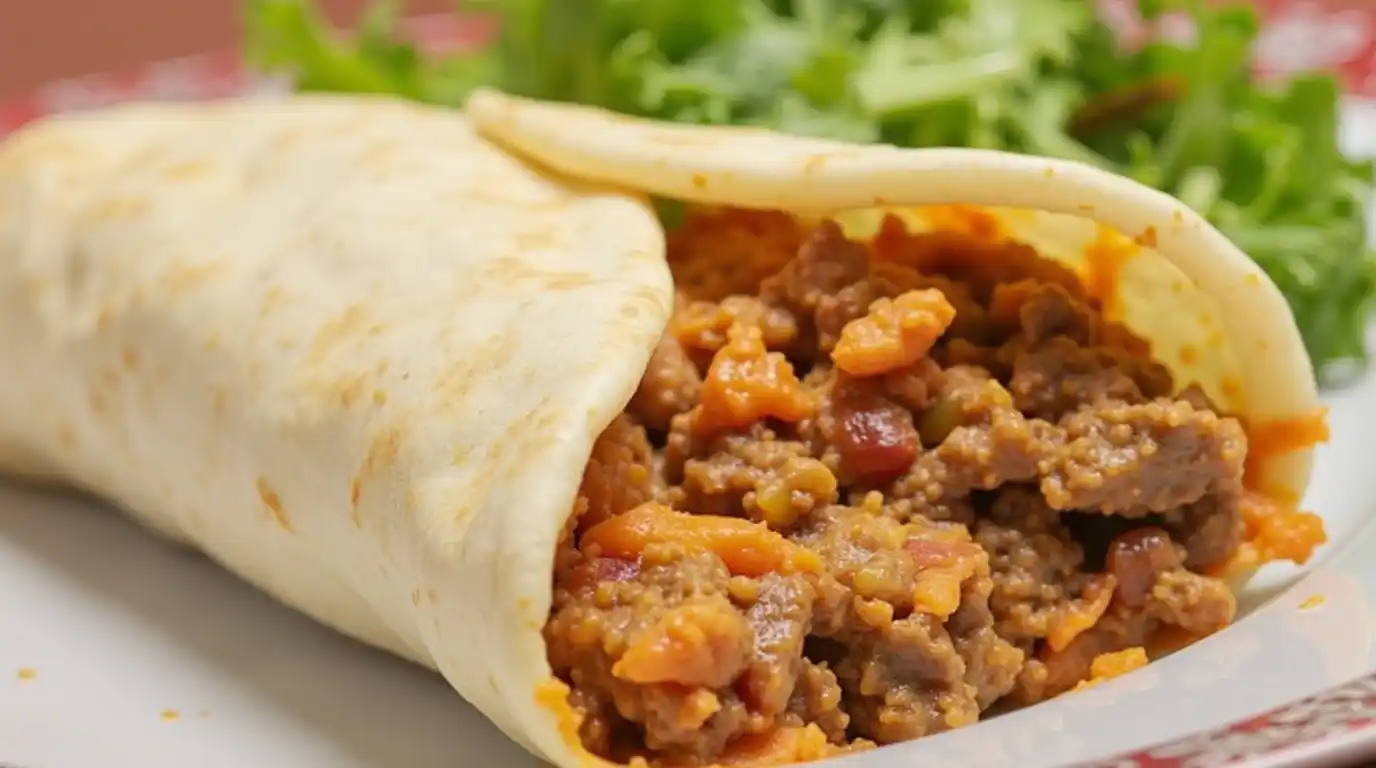 A cheesy Beefy Melt Burrito filled with seasoned beef, Spanish rice, Fritos, and homemade nacho cheese sauce.