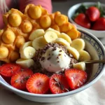 Bubble Waffle 2 Golden bubble waffle served with fresh fruits, whipped cream, and a drizzle of chocolate sauce.