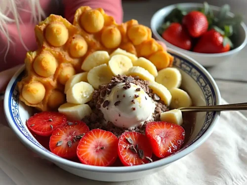 Golden bubble waffle served with fresh fruits, whipped cream, and a drizzle of chocolate sauce.