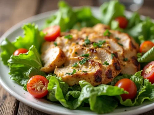 Classic chicken Caesar salad with grilled chicken, crisp romaine lettuce, croutons, and Caesar dressing.