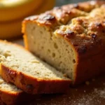 A sliced loaf of eggless banana bread on a wooden cutting board surrounded by ripe bananas and a sprinkle of flour