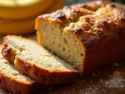 A sliced loaf of eggless banana bread on a wooden cutting board surrounded by ripe bananas and a sprinkle of flour