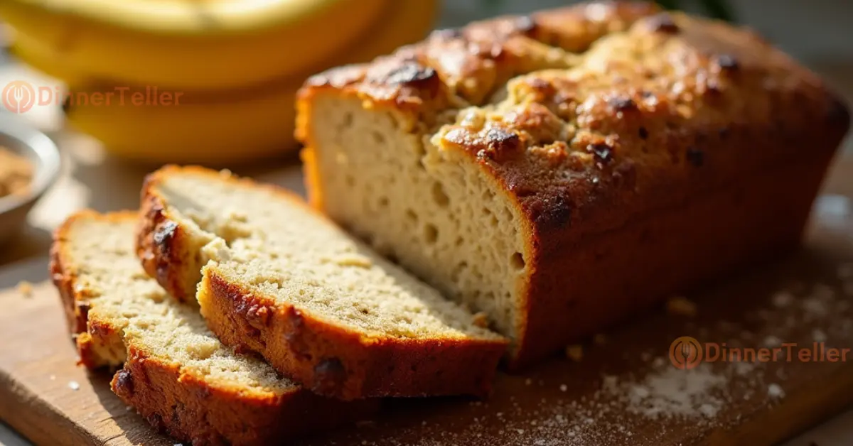 A sliced loaf of eggless banana bread on a wooden cutting board surrounded by ripe bananas and a sprinkle of flour
