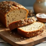 A freshly baked loaf of Fitness Bread topped with seeds, sliced to show its hearty texture.