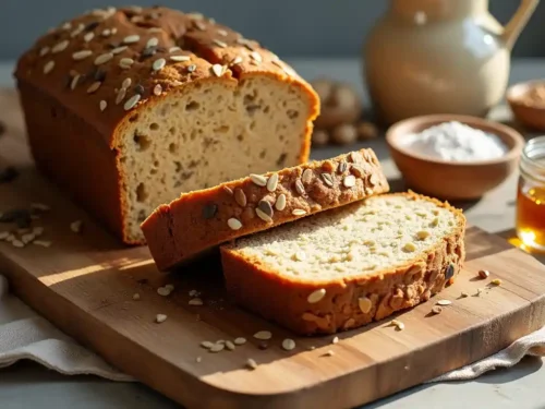 A freshly baked loaf of Fitness Bread topped with seeds, sliced to show its hearty texture.