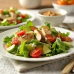 A fresh and colorful grilled chicken salad with tender chicken slices, crisp lettuce, tomatoes, cucumbers, and a light dressing.