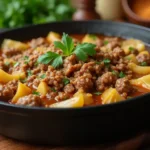 A hearty skillet meal featuring ground beef cabbage, cooked with onions and garlic, garnished with fresh parsley.