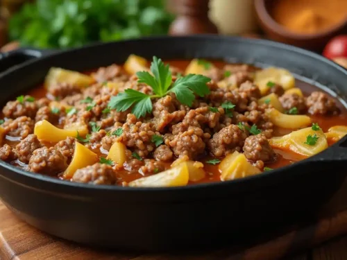 A hearty skillet meal featuring ground beef cabbage, cooked with onions and garlic, garnished with fresh parsley.