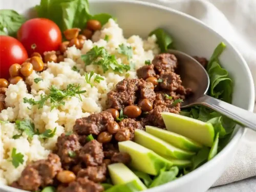 Mediterranean Bowl with Beef Recipe featuring seasoned beef, couscous, avocado, and fresh vegetables.