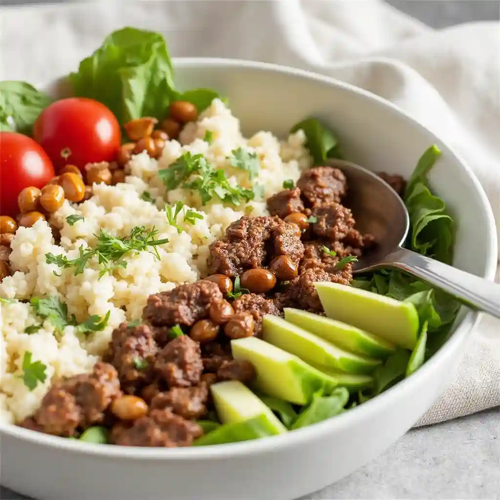 Mediterranean Bowl with Beef Recipe featuring seasoned beef, couscous, avocado, and fresh vegetables.