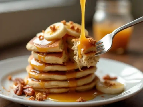 A delightful selection of pancakes and waffles, topped with fresh fruits, syrup, and whipped cream.