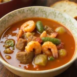A rich and hearty seafood gumbo with shrimp, crab, okra, and vegetables in a flavorful Louisiana-style broth.