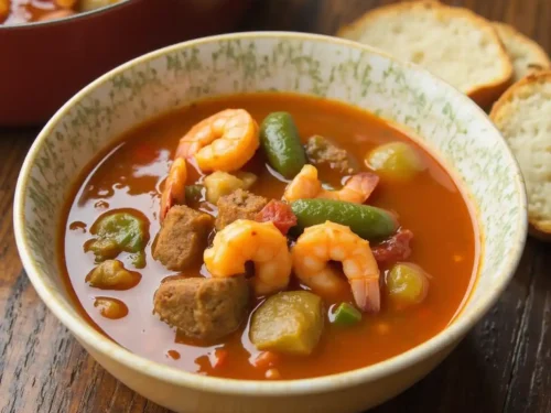 A rich and hearty seafood gumbo with shrimp, crab, okra, and vegetables in a flavorful Louisiana-style broth.