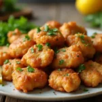 Golden fried sweetbread meat served on a rustic plate, garnished with parsley and paired with fresh greens and lemon wedges.