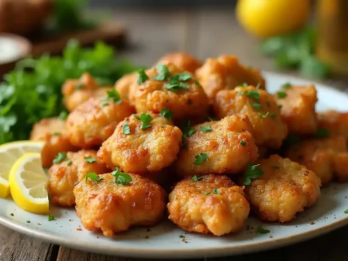 Golden fried sweetbread meat served on a rustic plate, garnished with parsley and paired with fresh greens and lemon wedges.