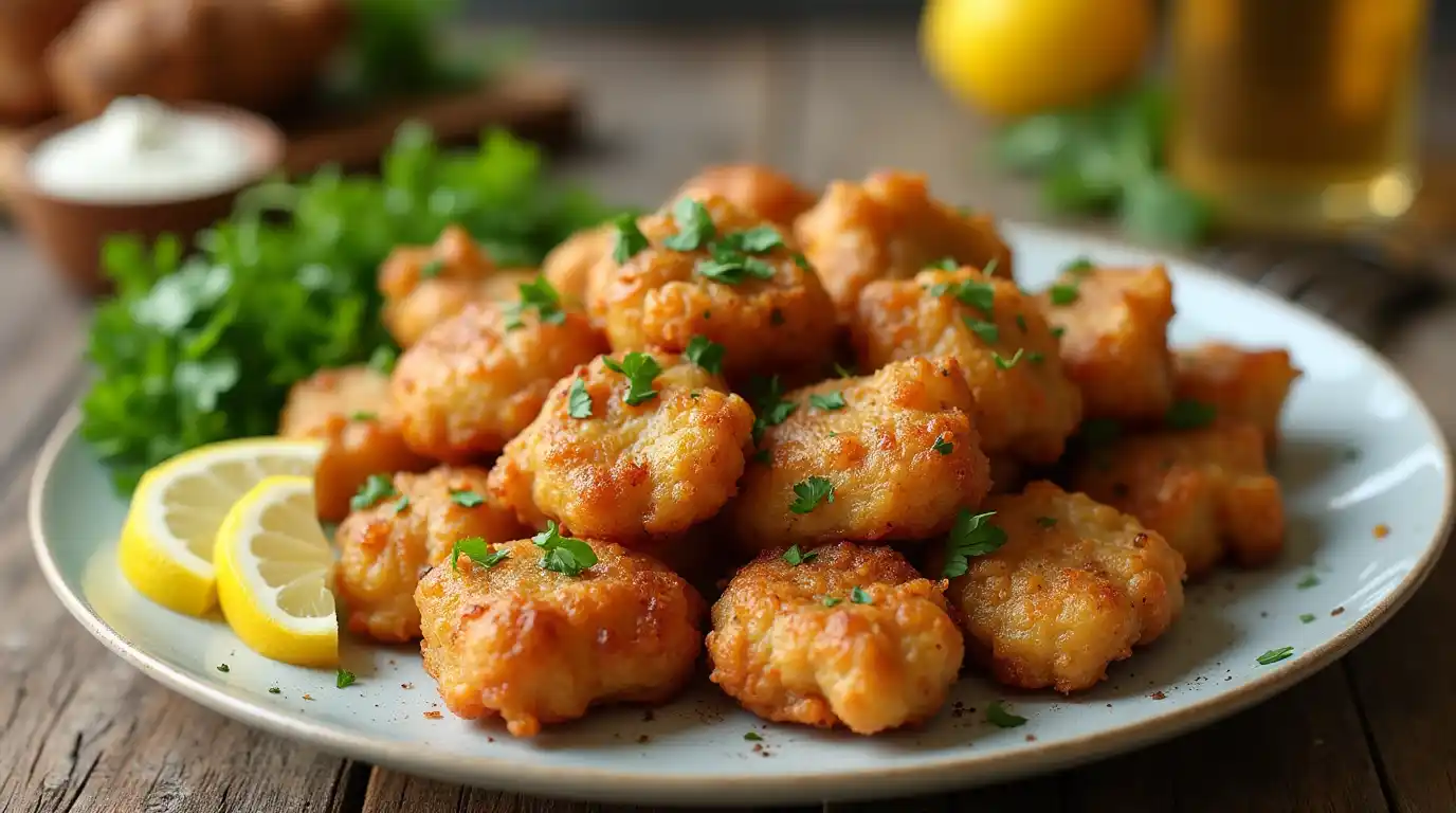 Golden fried sweetbread meat served on a rustic plate, garnished with parsley and paired with fresh greens and lemon wedges.