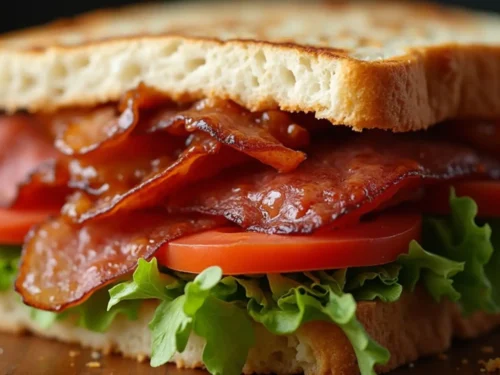 Quik BLT sandwich with crispy beef bacon, fresh lettuce, juicy tomato slices and toasted bread