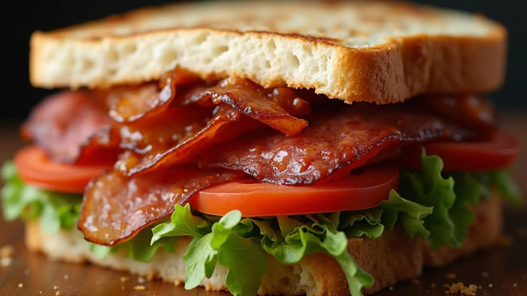 Quik BLT sandwich with crispy beef bacon, fresh lettuce, juicy tomato slices and toasted bread