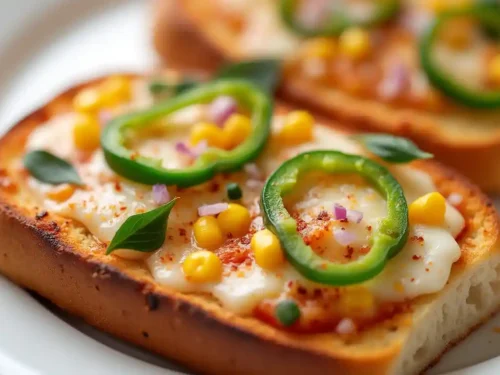 Two golden, crispy pizza toasts topped with melted mozzarella
